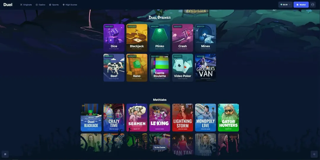 Рабочее зеркало Duel Casino: главная с играми Duel Originals, открытая в обход блокировки